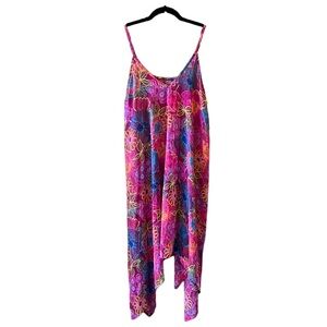 Into the Bleu Sheer Chiffon Swim Cover Dress. Pink Floral Shark bite Hem Sz L